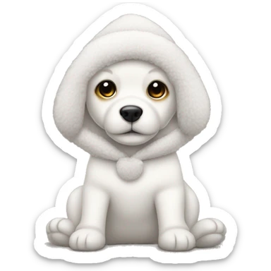 Un perro de peluche blanco con un pijama y un gorro blanco y muy delgado sticker