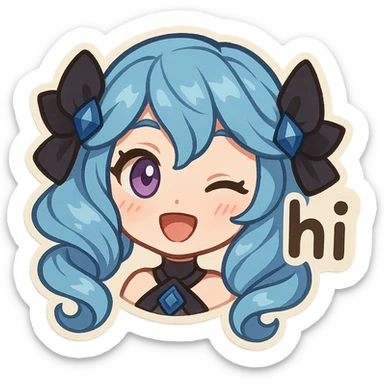 Gwen from League of Legends, chibi emote style, only head visible, right eye is purple, 'hi' expression, eyes open, cute and expressive sticker