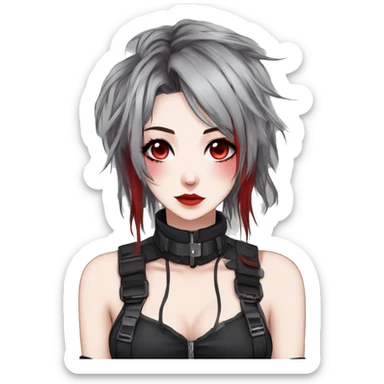 Gorgeous gothic techwear anime style lady with blushing face aesthetic and pretty edgy black red punk messy hair with collar and harness trending style sticker