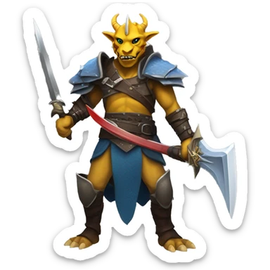     Tall Dragonborn fighter with twin swords  with red blades and yellow Handels and blue scales and black horns   sticker