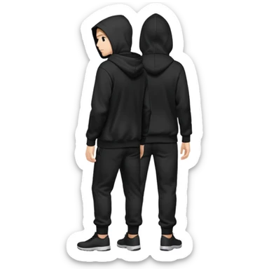 fullbody Mysterious shy caucasian man in black hoodie on head, hands in pockets and black pants rear backview sticker