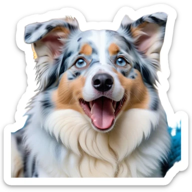 Cinematic Cute Yawning Blue Merle and White Australian Shepherd Portrait Emoji, Head tilted slightly with a dramatic, wide-open yawn, soft blue merle fur with crisp white accents, floppy ears slightly drooping, round blue eyes barely open in drowsy contentment, Simplified yet irresistibly adorable features, highly detailed, glowing with a soft, cozy glow, high shine, relaxed yet expressive, stylized with a touch of whimsy, bright and endearing, soft glowing outline, capturing the essence of a sleepy yet affectionate pup, so drowsy it feels like it could stretch right out of the screen and curl up for a nap! sticker