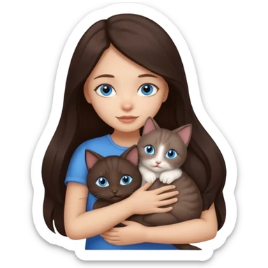 a pretty girl with long dark brown hair, with blue eyes, hugs 3 different natural coloured small cats sticker