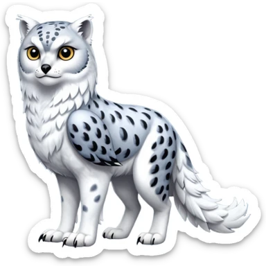 Realistic wild natural elegant pretty beautiful handsome shiny colorful furry 4-legged digitigrade snow-leopard-snowy-owl-arctic-fox-gryphon-griffin-fusion-hybrid-fursona-furry-animal-creature, full body, hyper-realism, long tufted tail sticker