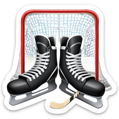 An icon showing a close-up of a hockey stick, puck, skates, and hockey net placed on the ice. The background features a packed stadium with bright lights, cheering fans, and snowy scenery outside. Transparent background highlights the key elements of the game. sticker