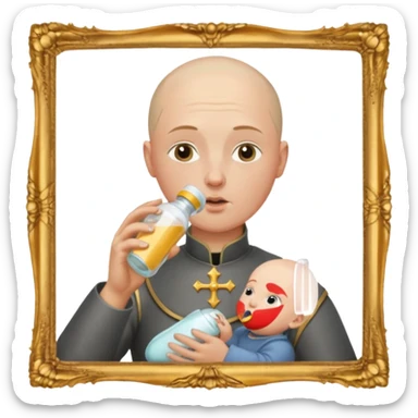 Un homme avec une calvitie cheveux ras boit un biberon  avec Jeanne d’arc dans le biberon  sticker