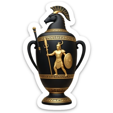 Cinematic-realistic Grecian urn, an exquisite black-figure pottery masterpiece resting in the dim glow of an ancient temple. Intricate golden depiction of a warrior holding a spear, telling timeless myths of heroism and tragedy.  sticker