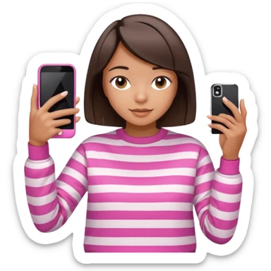 Emoji of a cute 3D girl with short dark brown bob hairstyle, wearing a pink and white striped sweatshirt. She is holding a phone and taking a selfie, white background.

 sticker