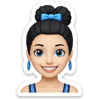 Now tied up her hair in a bun, the on her head is black, but blue bang on front. Bigger eyes and brighter smile, show teeth while smiling sticker