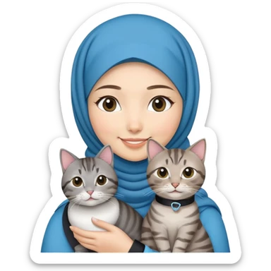 Asian White girl wearing hijab holding a black grey tabby cat while smiling. The cat is wearing a blue collar sticker