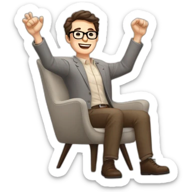 Joyful Celebrating victory Hands up Pale skinned Fit Man With dark brown hair in gray jacket, beige office shirt, Brown pants and vintage glasses sitting In a soft chair sticker