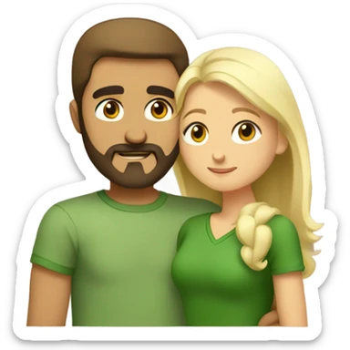 A bearded Armenian man in a green T-shirt stands and hugs a blonde girl with brown eyes in a brown dress sticker