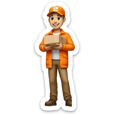Delivery boy, full body, light skin tone, wearing orange cap and orange jacket, kerry delivery company uniform loading a package without background and say on that table sticker
