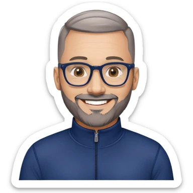 40-year-old light-skinned man with almost buzzcut haircut, short gray beard, large black-framed glasses, smiling face, wearing a navy blue zip-neck long sleeve athletic shirt sticker