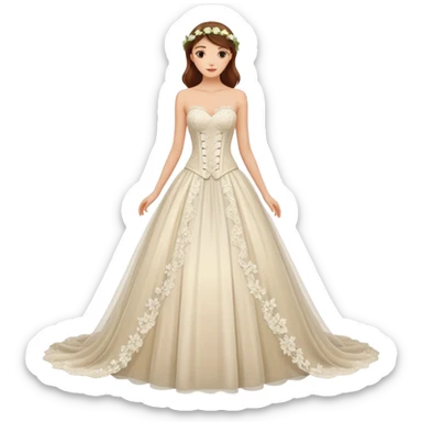 A romantic strapless A-line wedding gown with a sheer lace corset bodice and flowing floral applique skirt. sticker