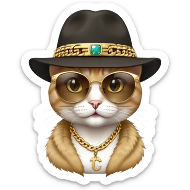 female cat head and shoulders wearing Run DMC hip-hop outfit, fedora, dark sunglasses, many gold chains, bling accessories sticker