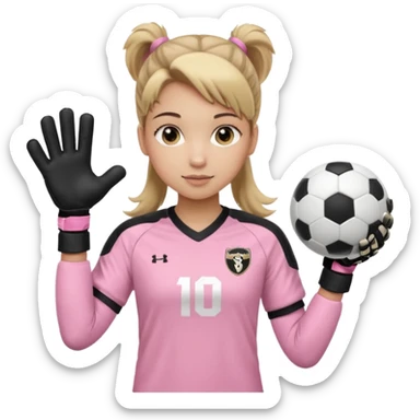 Make a dirty blonde football goalkeeper with goalkeeper gloves on holding a regular  The girl is light skinned and wearing a light pink football. Wearing a ponytail on back of head. Make it without the whole body. With full sleeves. WITHOUT A RUGBY BALL JUST REGULAR BLACK AND WHITE BALL. sticker