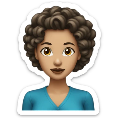 Mujer de cabello negro largo rizado, ojos azules, cara hermosa, piel blanca, un poco cachetona  sticker