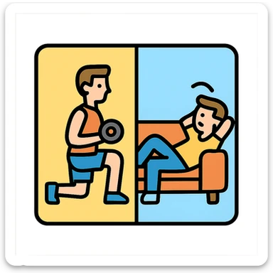 a picture devided into two parts, the first part shows a sportsman doing his workout, the second show a sportsman being lazy sticker