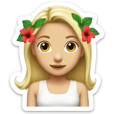 Blonde haired girl with green eyes one red hibiscus flower in her hair wearing a white top sticker