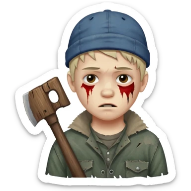 13 y/o Brian robeson at the beginning of Hatchet
distressed, has hatchet, bruised sticker