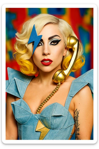 Lady Gaga in her iconic look from the Telephone music video, bold makeup, platinum blonde hair, unique fashion, pop star style sticker