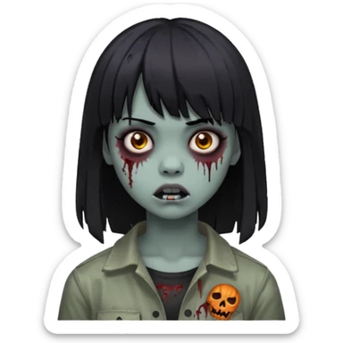 girl, zombie, black hair, medium long, emo, bangs, dark, spooky, creepy expression sticker