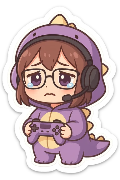 chibi anime style gamer girl with glasses, brown hair, dark purple eyes, wearing a purple dinosaur costume, sad emote sticker