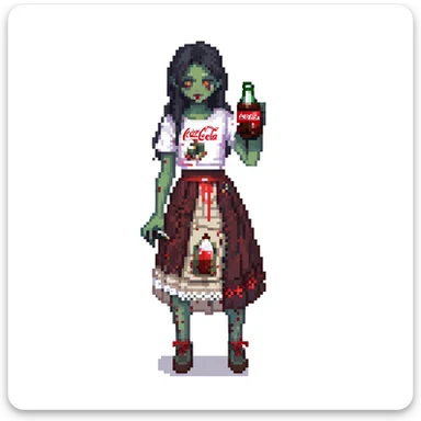 Generate an Asian girl, dark-haired, she's a zombie, wearing a skirt with lace, slightly torn,

Holding a bottle of Coca-Cola in her hands.

Background - a dark street in the style of Gotham City. sticker