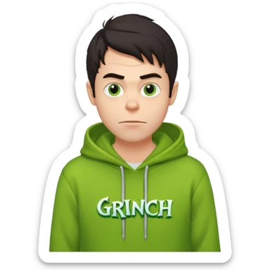 Create an avatar of white Europeanwith dark hair  male in hoodie with ``BST`` letters on it. Make background to look like from movie Grinch sticker