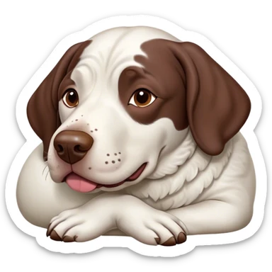 Cinematic Meme-Worthy Chubby Sleeping German Pointer Portrait Emoji, Head resting peacefully with a contented smile, showcasing a delightfully chubby build and a luxuriously soft liver and white coat, eyes shut in a serene nap, Simplified yet hilariously adorable features, highly detailed, glowing with a soft, drowsy light, high shine, relaxed and utterly lovable, stylized with an air of playful laziness, bright and heartwarming, soft glowing outline, capturing the essence of a comically sleepy hunter, so meme-worthy it feels like it could instantly become the next viral sensation of adorable slumber! sticker