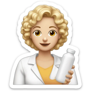 mom with hazel eyes, blond semi curly hair,  holding a white pill bottle in hand sticker