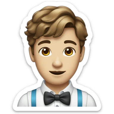 A young male tennager with a round face and very short brown hair and a mole on chin wearing a blue bow tie sticker