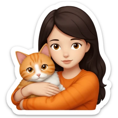 dark-black-brown-hair-to-shoulder girl with brown eyes snuggled with orange tabby cat sticker