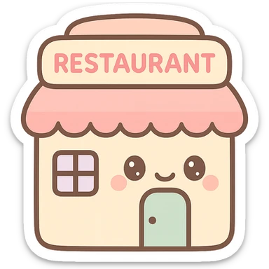 restaurant building, kawaii chibi anime style, flat pastel colors, thick outlines, simple cute features sticker