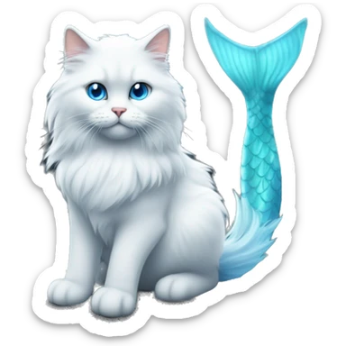 White fluffy cat with blue eyes and grey colour sitting on a rock amongst the ocean with a blue mermaid tail sticker
