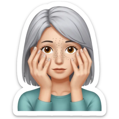 woman with gray hair and 1 palm of hand covering face sticker