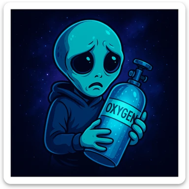 Create a cartoon style image of an alien holding a glowing oxygen tank with a worried face. Use the color palette and vibe inspired by the reference image provided. sticker