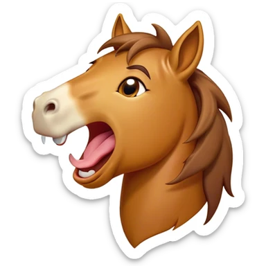 Cinematic Cute Yawning Bay Horse Portrait Emoji, Head tilted slightly with a dramatic, wide-open yawn, revealing a smooth bay fur with a subtle luster, floppy ears slightly drooping, round amber eyes barely open in drowsy contentment, Simplified yet irresistibly adorable features, highly detailed, glowing with a soft, cozy glow, high shine, relaxed yet expressive, stylized with a touch of equine whimsy, bright and endearing, soft glowing outline, capturing the essence of a sleepy yet affectionate horse, so drowsy it feels like it could stretch out of the screen and curl up for a nap! sticker
