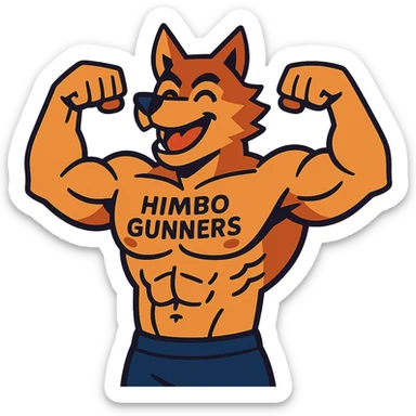 super buff wolf furry, shirtless, 'Himbo Gunners' tattoo on chest, flexing with both arms, cheerful expression sticker