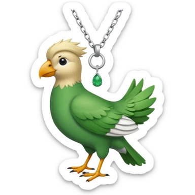 un oiseau classique tout vert avec un collier autour de son cou avec des breloque argentées et un seul poil blond qui fait une petite bouclette sur le front le collier est autour de son cou sticker