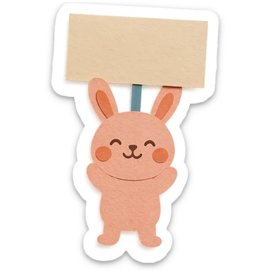 rosy bunny holding signboard high, paper-craft style sticker