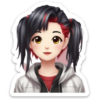 Gorgeous anime style shojo character with blushing face aesthetic and pretty edgy black red punk hair with hair garment trending style sticker