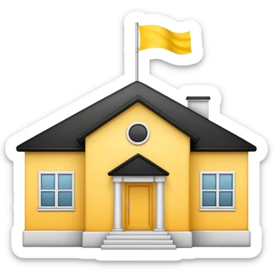 simple school, white background, magic school, black roof, with a big flag, big flag on a roof, big yellow flag, white school sticker