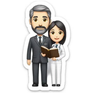 husband classy caucasian dark gray hair trimmed beard wearing business suit holding bible, wife asian age 55 dark hair nurse uniform, no children sticker