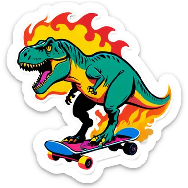 T Rex on a flaming skateboard  sticker