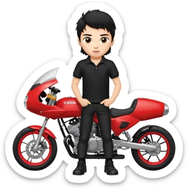 generate a pretty fair bratz boy with a messy mullet (black hair), wearing a BLACK polo.  standing witha superbike sticker