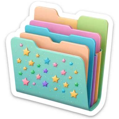 small cute folder icon in soft pastel colors light yellow or peach, slightly open at the top, colorful divider tabs inside peeking out blue green pink purple, white label area on front with word Covers in playful handwriting, small sparkles or stars around folder, emoji style sticker