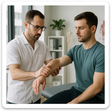realistic kinesiologist performing a kinesiological evaluation on a patient in a modern clinical environment, professional details, natural light, inspired by reference photo https://attic.sh/r66tucayi7ewfjges2vhulor9bux sticker