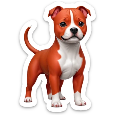 cinematic-[Staffordshire bull terrier]-realistic-full-body-standing-emoji,-tail-resting-loosely-beside-its-paws,-head-tilted-dramatically, -sleek-[red and white]-fur,-simplified-yet-realistic-focused-features,-highly-detailed,-glowing-with-an-almost-sarcastic-glow sticker